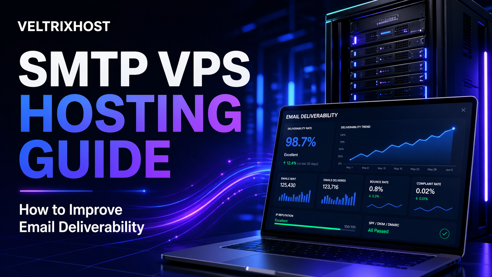 SMTP VPS hosting dashboard with email charts, secure mail server, and deliverability analytics