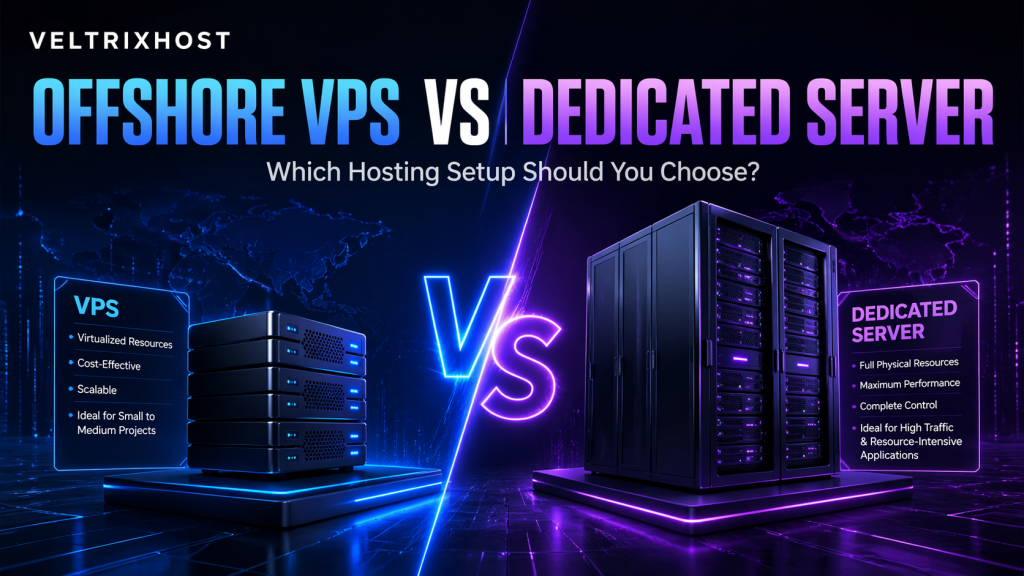 Offshore VPS vs dedicated server comparison with virtual server panel and physical server hardware