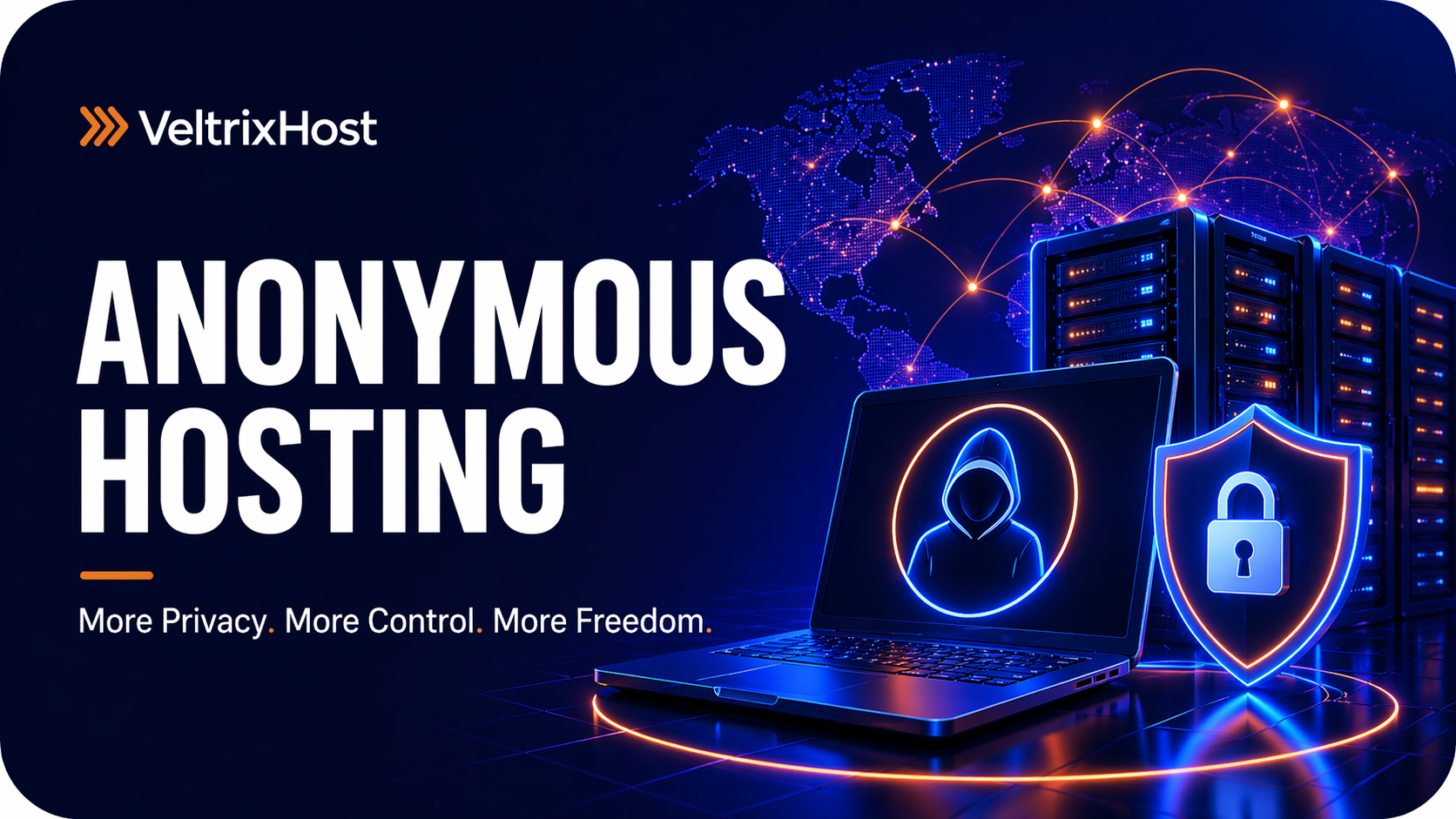 Anonymous hosting thumbnail with private laptop access, secure shield, and offshore server network in VeltrixHos