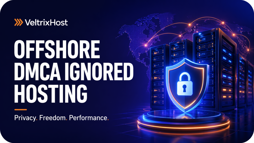 Offshore DMCA ignored hosting thumbnail with secure server racks and privacy shield in VeltrixHost