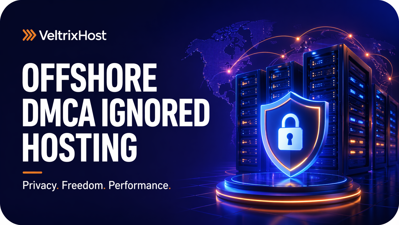 Offshore DMCA ignored hosting thumbnail with secure server racks and privacy shield in VeltrixHost