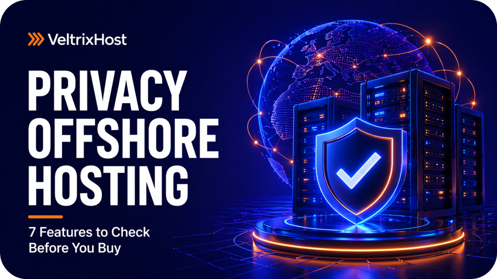 Offshore DMCA ignored hosting thumbnail with secure server racks and privacy shield in VeltrixHost