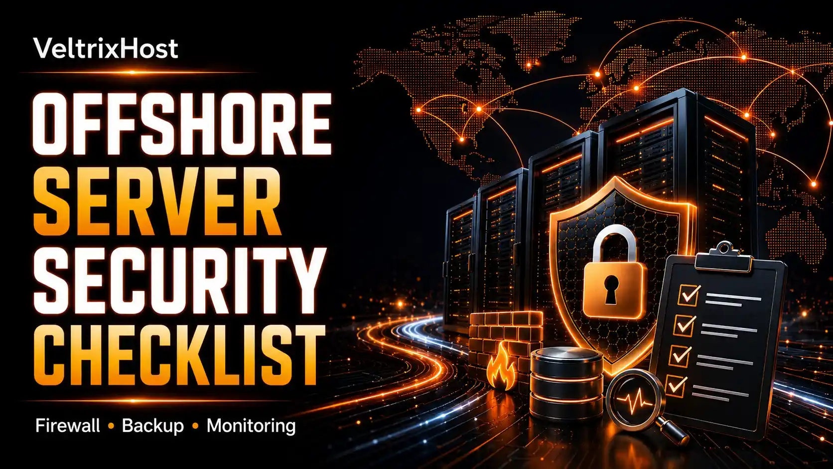 Offshore server security checklist with firewall and lock icons