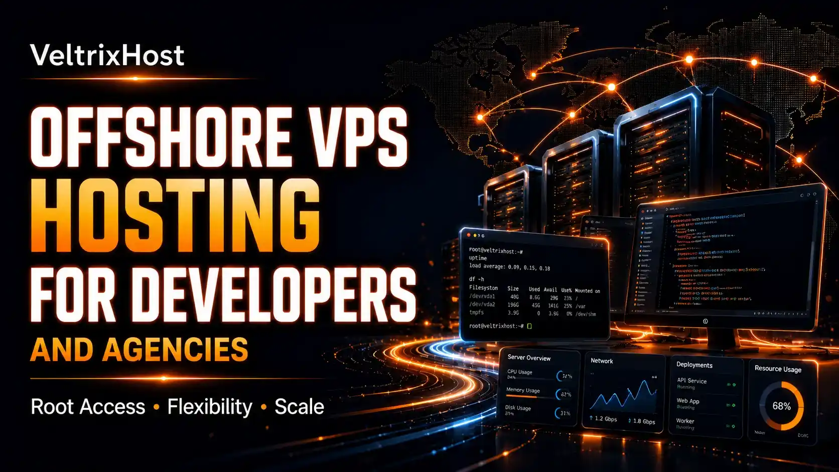 Offshore VPS hosting for developers with code and server terminal