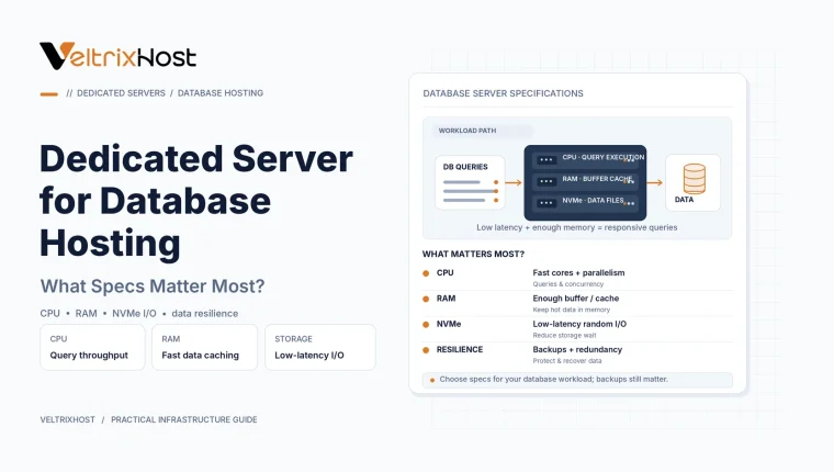 Dedicated server for database hosting showing CPU, RAM, NVMe storage, and database performance.