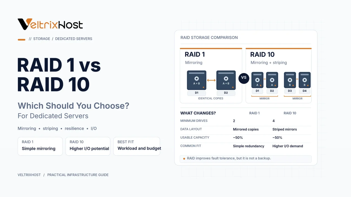 RAID 1 vs RAID 10 comparison showing disk mirroring, striping, and dedicated server storage performance.