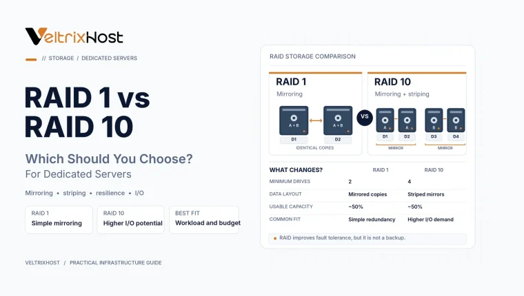 RAID 1 vs RAID 10 comparison showing disk mirroring, striping, and dedicated server storage performance.