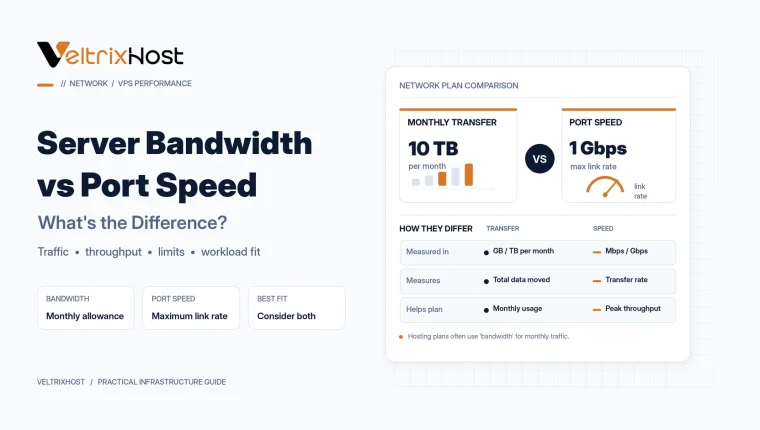 Server bandwidth vs port speed comparison showing monthly traffic limits and 1Gbps versus 10Gbps network connections.