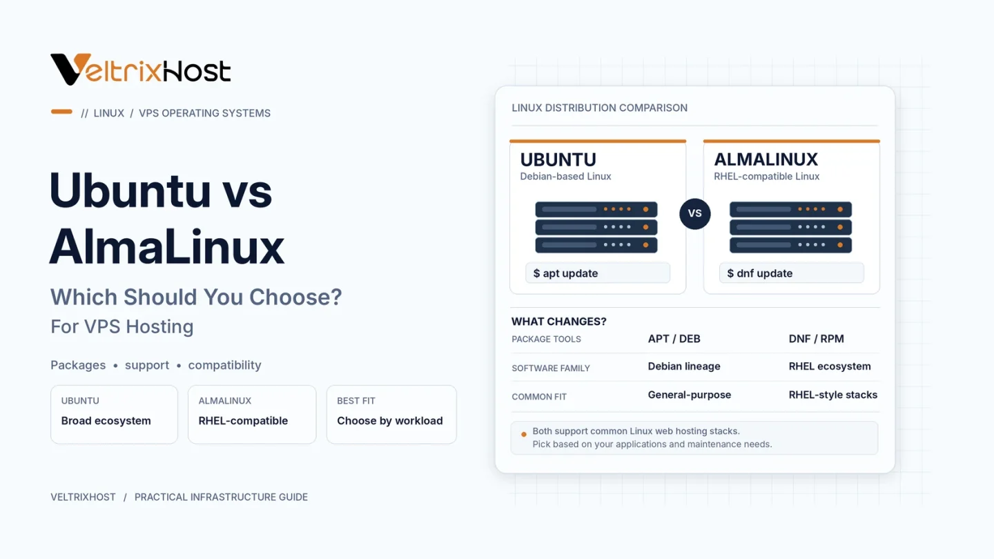 Ubuntu vs AlmaLinux comparison showing Linux VPS hosting, server performance, and operating system differences.
