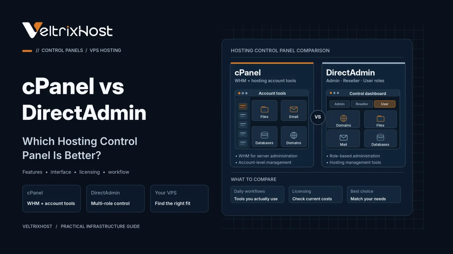 cPanel vs DirectAdmin comparison showing hosting control panel features, website management, and server administration.